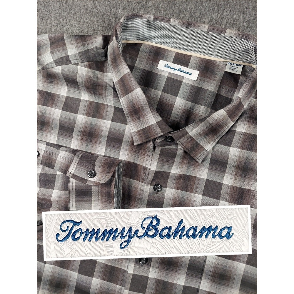 Tommy Bahama Silk Dress Shirt Mens 4XLB Brown Plaid Big And Tall Long Sleeve